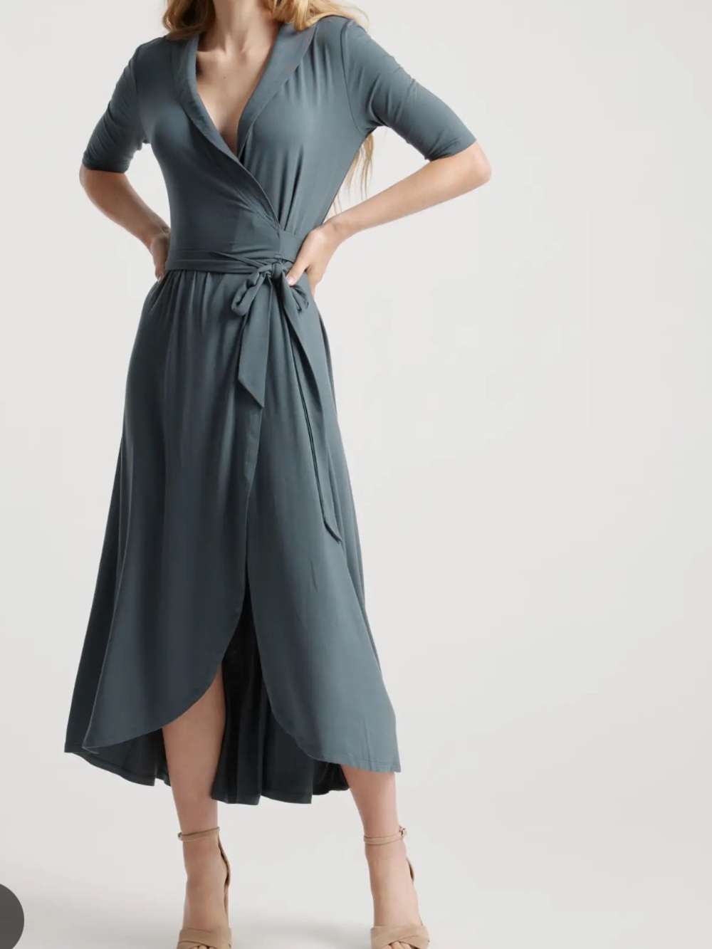 Quince Tencel Jersey Midi Wrap Dress Size L Color Dark Olive - Picture 2 of 11